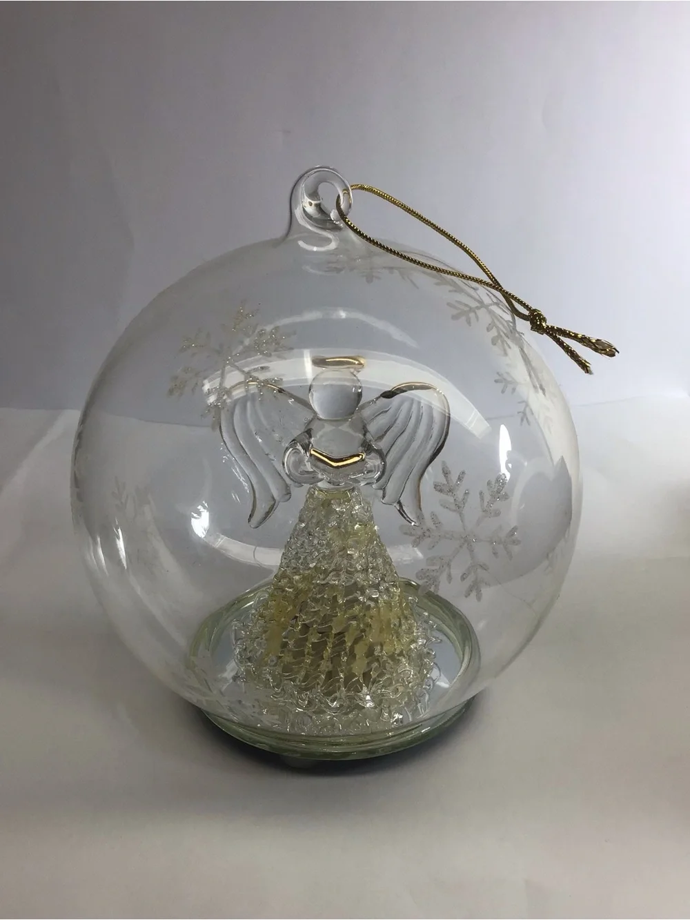 Glass LED Angel Ornament - Clear and Gold Holiday Decor